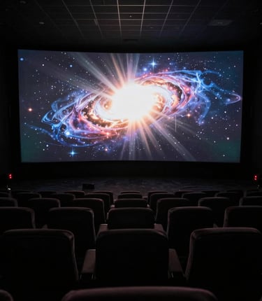 A cinematic dark-themed studio space illuminated by warm saffron and gold lighting, evoking creativity and depth.