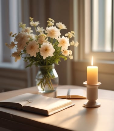 A serene workspace with soft pastel tones, a notebook, and a cup of tea by a window.