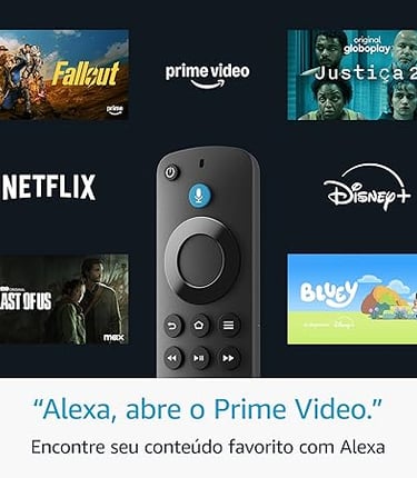 Amazon Alexa voice remote surrounded by streaming service icons like Netflix, Disney Plus, and Prime Video.