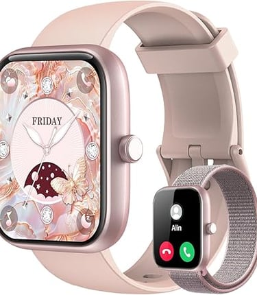 Pink rose gold smartwatch with a decorative floral butterfly face and an adjustable silicone strap.