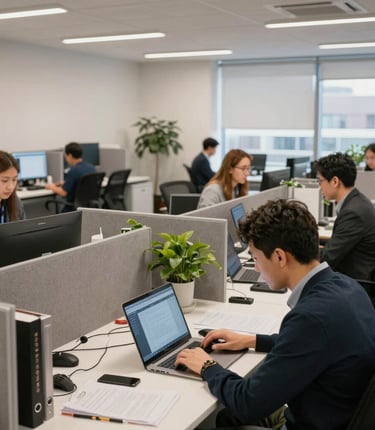 A clean, modern office workspace with a laptop, financial documents, and a cup of coffee symbolizing professional accounting services.