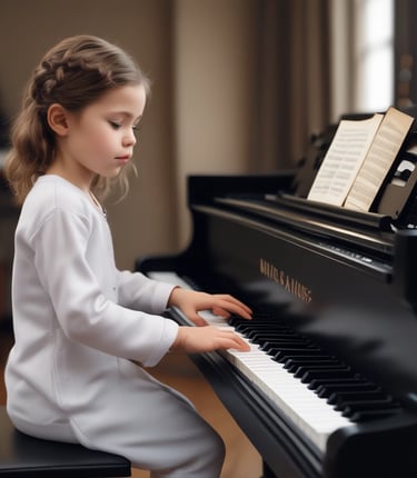 A warm, inviting music room with piano and violin displayed, sunlight streaming through the window.