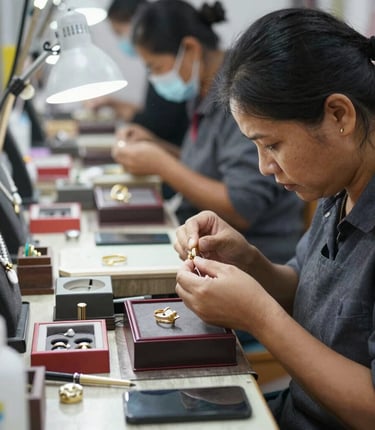 A focused artisan sketching intricate jewelry designs under warm studio lighting.