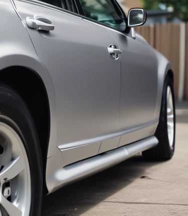 Technician carefully repairing a car dent outdoors with specialized tools.