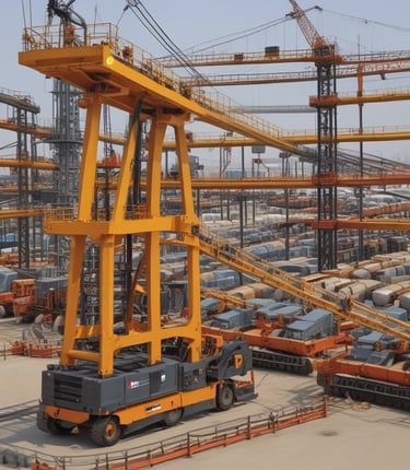 Photo of a busy construction site with heavy equipment and workers using electrical supplies.