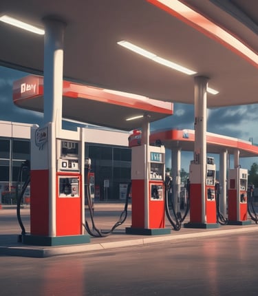An industrial setting with multiple filling stations under a metal canopy. There are several pipes, valves, and ladders associated with each station. Traffic cones are placed strategically on the ground, and part of the background shows a ship in a dockyard with some cranes visible, indicating a port environment.