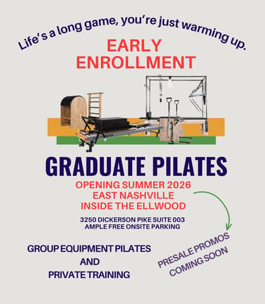 Promotional flyer for Graduate Pilates in East Nashville opening summer 2026 featuring reformer equipment.