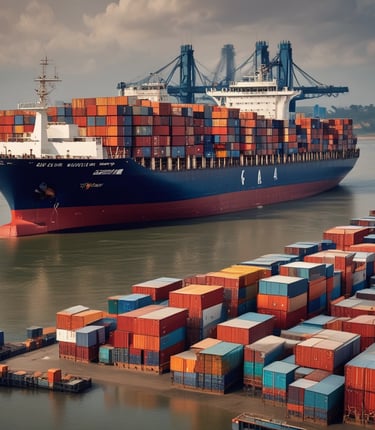 Two delivery trucks are parked on a city street. The truck on the left is yellow with DHL branding, displaying a partial image of a person wearing a red cap. The truck on the right is dark brown with UPS branding. The street is wet, suggesting recent rain, and the setting appears to be urban, with multi-story buildings lining the street.