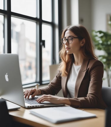Four small, white robot figures are sitting in a row, each with a laptop in front of them. They have round bodies and blue accents, with 'AI' displayed on their chests. The background is minimal and light gray, emphasizing the robots and their computers.