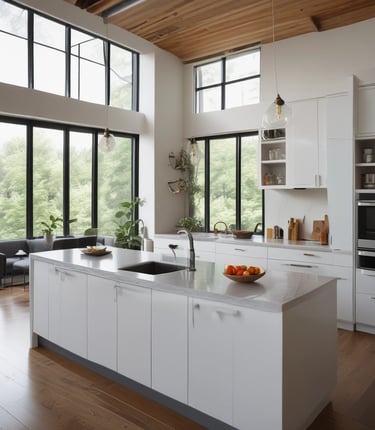 a kitchen with a large window and a bowl of fruit