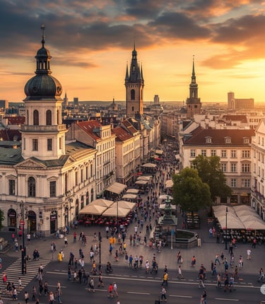 a city street scene with a clock tower in the background in Europe
