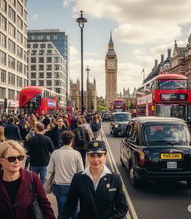a busy street in UK with a lot of people walking around