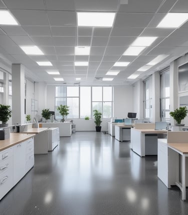 A team of cleaners using eco-friendly products in an office space.