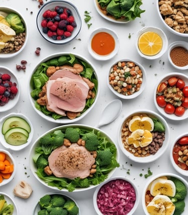 An illustration of a balanced meal and fitness elements representing holistic health.