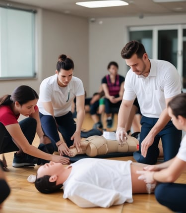 Instructors demonstrating CPR techniques on training dummies in a classroom.