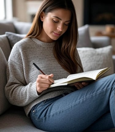 Woman on couch filling in health journal