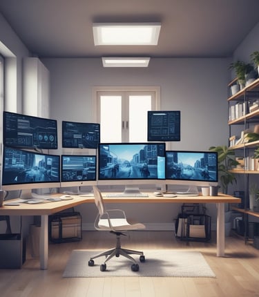 Modern office workspace with computers and technology devices