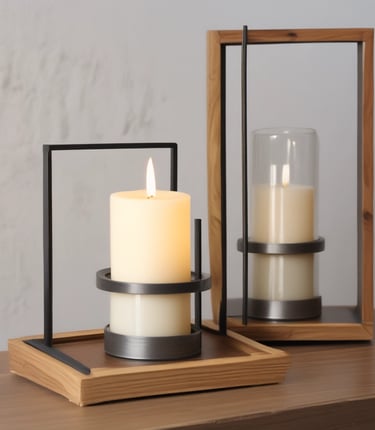 Shelves filled with a variety of scented candles in glass jars, each featuring different labels and colors. The display is neatly organized on wooden shelves and includes additional small decorative items like miniature pumpkins. Each shelf showcases different candle collections, arranged side by side.