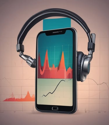 A podcast or radio host is seen speaking into a microphone, captured both directly and through the screen of a smartphone. The screen displays a live broadcast view with social media interactions. The background includes blurred signage, and the setting appears to be a studio with brick walls.