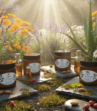 Natural skincare products in glass jars surrounded by lavender, aloe vera, and calendula flowers.