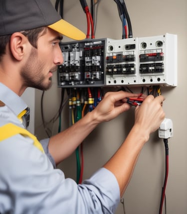 A technician inspecting electrical wiring in a residential setting.