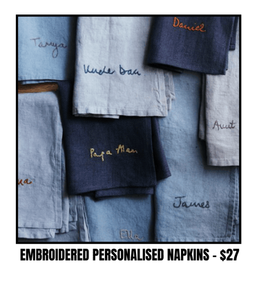 Custom personalised hand embroidered linen napkins for Christmas, wedding, best friend, party gifts