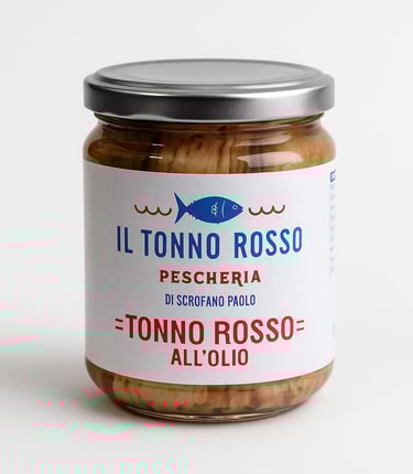Barattolo di tonno rosso all'olio del marchio Il Tonno Rosso Pescheria