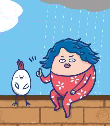 Hello Dumpty and a chicken sitting on the wall