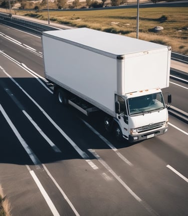 Several moving trucks from Divine Moving & Storage Ltd are parked along a street lined with trees. The trucks are large and blue, with company logos and contact information visible. A painting detail is incorporated into the truck design. The street has a sidewalk with some water reflecting the surroundings.