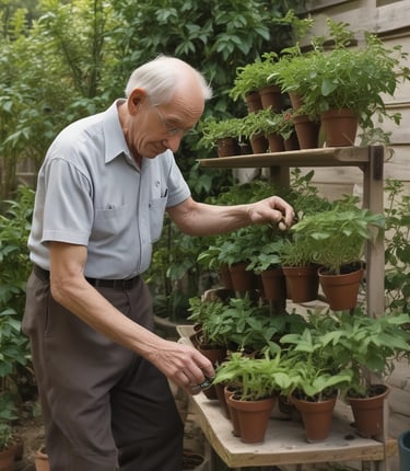 A woman wearing a white, long-sleeved top is tending to a vertical garden filled with green leafy vegetables. She is carefully adjusting a modern, white device that seems to be part of the garden setup. The background is a plain, textured gray wall which emphasizes the greenery.