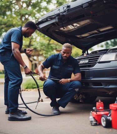 A professional mechanic servicing a car in a driveway.