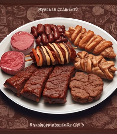 A variety of dishes are arranged on a wooden table, featuring grilled meat skewers, a large piece of roasted ribs garnished with onions and peppers, bowls of soup, and plates of white rice. The presentation is rustic with a focus on hearty, flavorful food selections.