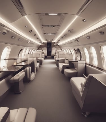 A sleek private jet is parked on an airport tarmac near two luxury black sports cars. The jet's staircase is extended, suggesting boarding or deboarding. The setting is clear and sunny, with a blue sky in the background and hangars nearby.