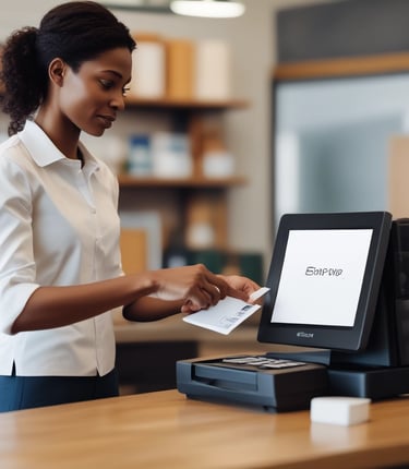 A person is making a payment using a credit card on a small, square card reader connected to a modern point-of-sale system at a minimalist counter. Another person is standing nearby, possibly a cashier, wearing a grey t-shirt. Sunglasses rest on the counter, and the background features a simple, white decor.