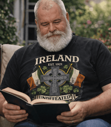 Bearded senior man reading a book outdoors wearing a black Ireland Celtic cross graphic t-shirt.