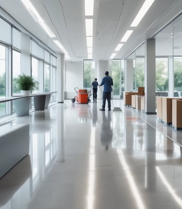 Een schoonmaakteam in actie in een helder verlichte kantoorruimte.
