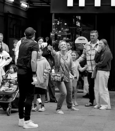 Street performer Mickey J by photographer Peter Pickering