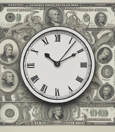 A laptop with a financial website open is centered on a white table. The screen displays a mint green background with text related to commission-free stock trading, accompanied by a gold object resembling a bridge. To the left, a smartphone displays a financial app with a graph and monetary figure. A cup of coffee sits on the right side, adding a casual work environment atmosphere.