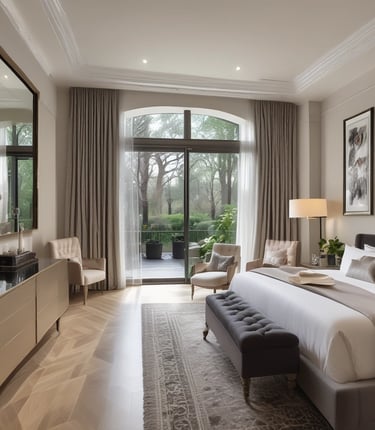 A cityscape with a real estate sign in the foreground, prominently displaying the name and phone number. Surrounding the sign are various buildings with different architectural styles, some with scaffolding and green netting. The scene features a mix of older, worn structures alongside modern glass-fronted buildings. Power lines and construction materials add to the urban complexity.