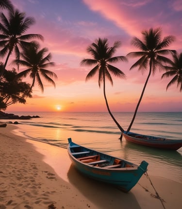 A vibrant sunset over Phu Quoc's pristine beach with palm trees swaying gently.