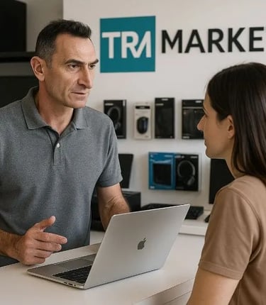 TRMarketing atendiendo a una clienta en la tienda de informática