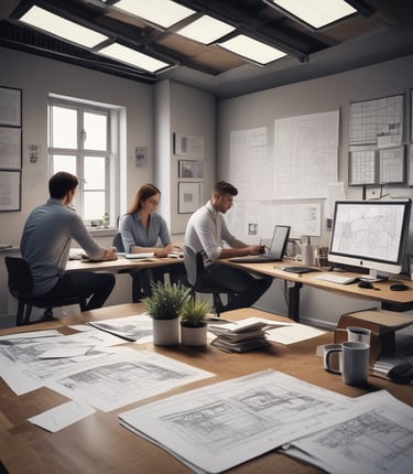 A diverse team of professionals collaborating in an engineering office.
