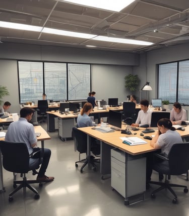 A conference room setting with several laptops on a large table, each being used by a person. A large screen displays a blue interface with the text 'Generate ad creatives from any website with AI'. A stainless steel water bottle and a conference phone are also visible on the table.