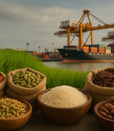 Cargo containers being loaded at an Asian port, representing global shipping and export logistics for agro raw materials.