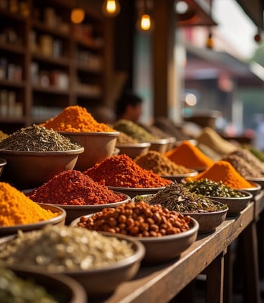 bowls of spices and spices are displayed on a table