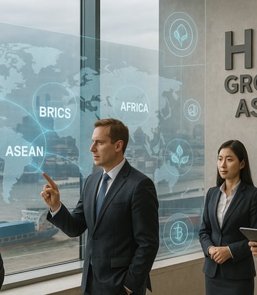 Business professionals in a modern Asian office interact with a holographic world map showing trade links between BRICS, ASEA