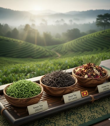 A realistic, high-resolution photograph showcasing an assortment of tea leaves from Sri Lanka and ASEAN regions.