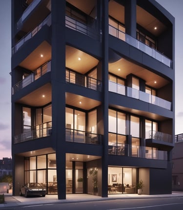 A tall building features a large advertisement promoting rental opportunities. The lower part of the scene includes playground equipment and a parked white van. The sky above is partly cloudy, creating a contrast with the building.