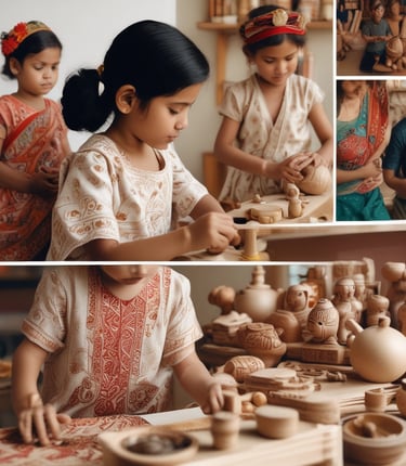 A collection of colorful wooden toys displayed on a rustic table.