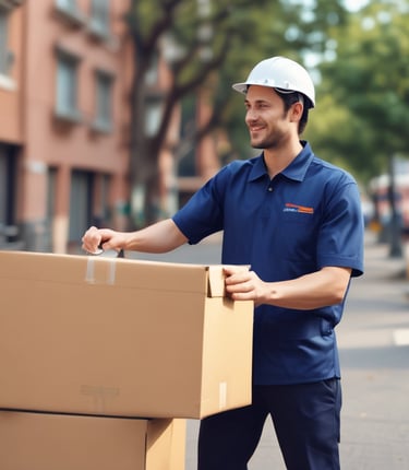 A person wearing a black cap and a black polo shirt with a courier service logo holds a large cardboard box. The background is a plain light gray, and the person appears to be smiling slightly.